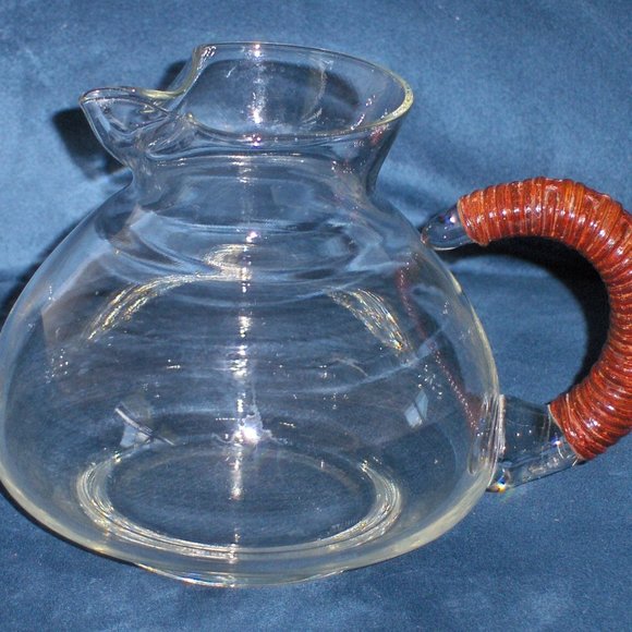 Vintage Clear Pitcher Wicker Handle Mid Century Modern Handmade Blown Glass - Picture 2 of 9